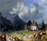 Das Kirchlein von Hinterriss, Im Hintergrund das Wettersteingebirge by Heinrich Burkel